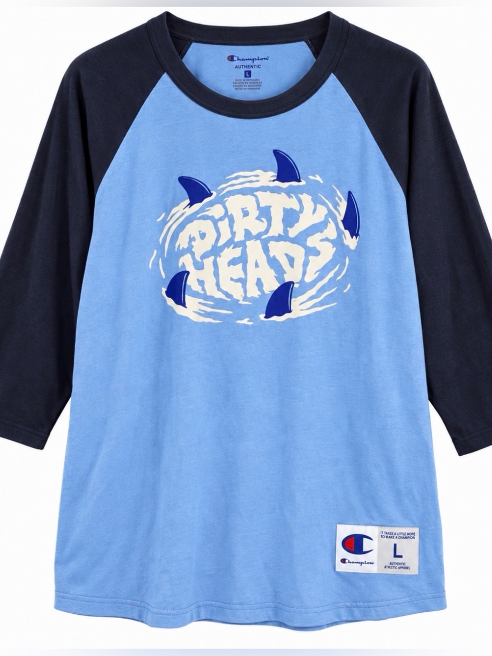 Dirty Heads Champion Shark Graphic Raglan Baseball Tee Blue L